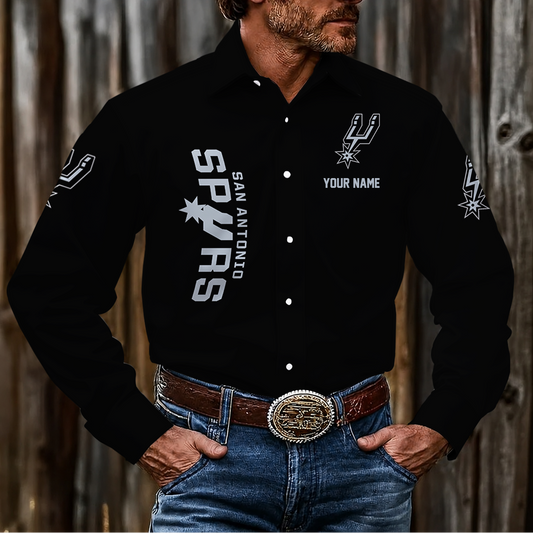 FINAL SALE - NEW CUSTOMIZED NBA23 SAS SAN ANTONIO SPURS MEN'S LONG SLEEVE BUTTON-UP SHIRT
