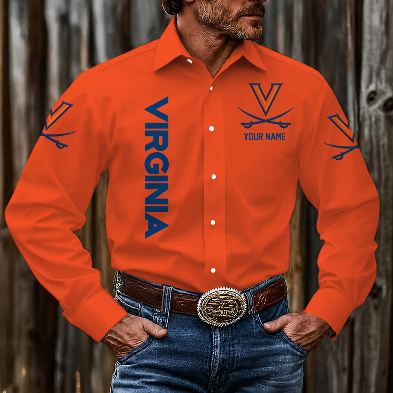 EXCLUSIVE EDITION - NEW CUSTOMIZED NCAA MAM23 VIC VIRGINIA CAVALIERS MEN'S LONG SLEEVE BUTTON-UP SHIRT