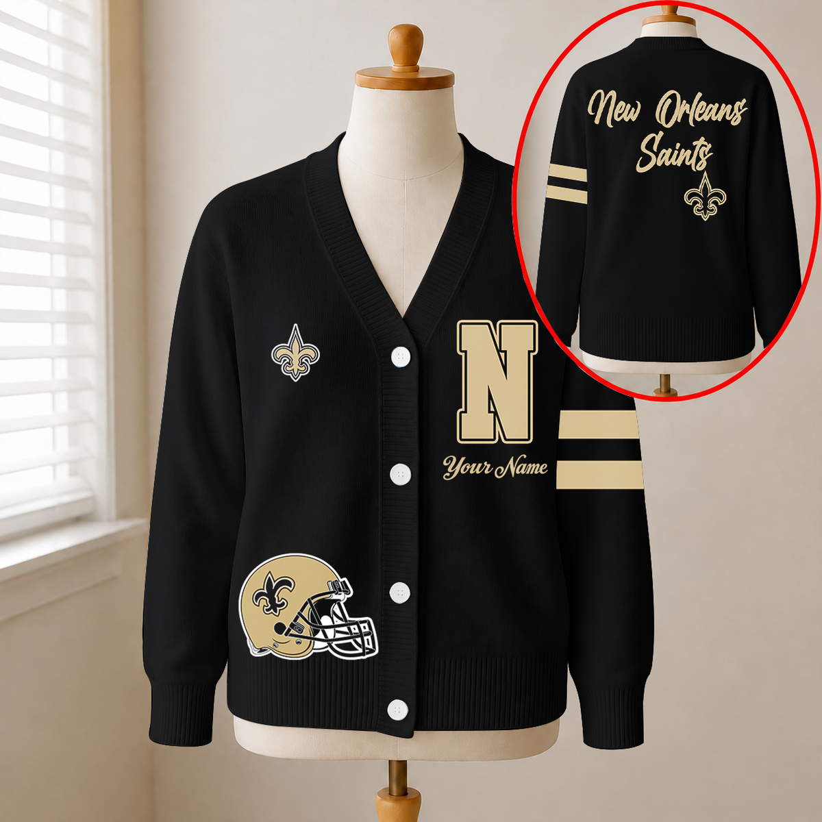 EXCLUSIVE EDITION - NEW CUSTOMIZED NFL24 NOS NEW ORLEANS SAINTS CARDIGAN