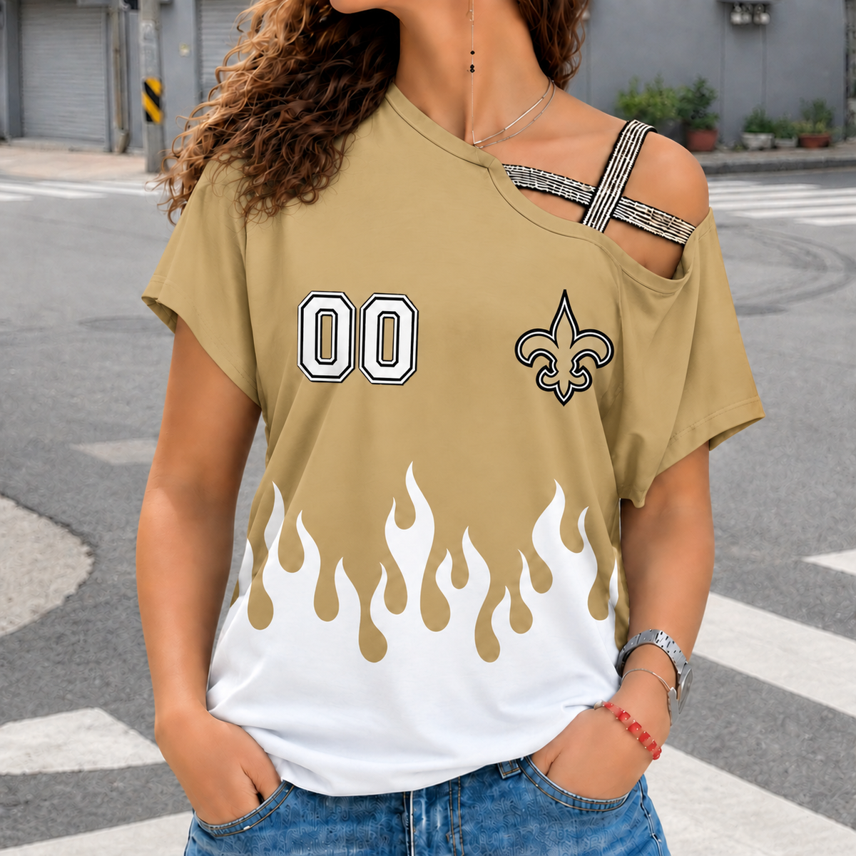 LIMITED EDITION - NEW CUSTOMIZED NFL24 NOS NEW ORLEANS SAINTS WOMEN'S SHOULDER SHIRT
