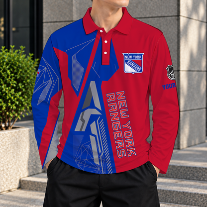LIMITED DROP - NEW CUSTOMIZED NHL24 NYR NEW YORK RANGERS MEN LONG SLEEVE POLO
