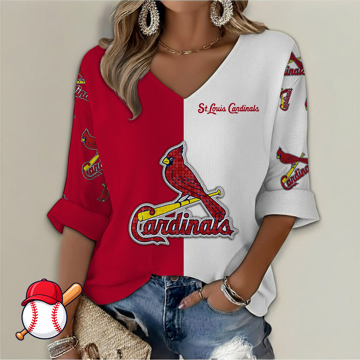 LIMITED EDITION - NEW CUSTOMIZED MLB24 SLC ST. LOUIS CARDINALS WOMEN'S  V-NECK LONG SLEEVE SHIRT