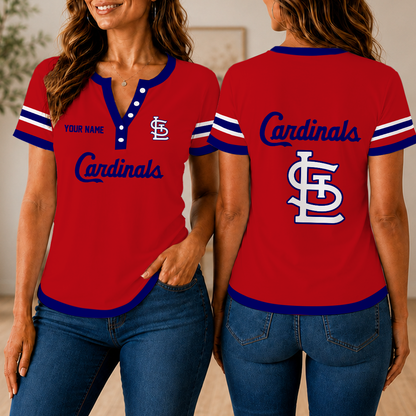 SPECIAL EDITION - NEW CUSTOMIZED MLB24 SLC ST. LOUIS CARDINALS WOMEN'S SHORT SLEEVE HENLEY T-SHIRT