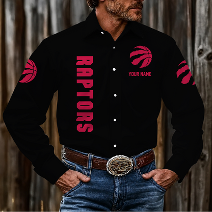 FINAL SALE - NEW CUSTOMIZED NBA24 TRA TORONTO RAPTORS MEN'S LONG SLEEVE BUTTON-UP SHIRT