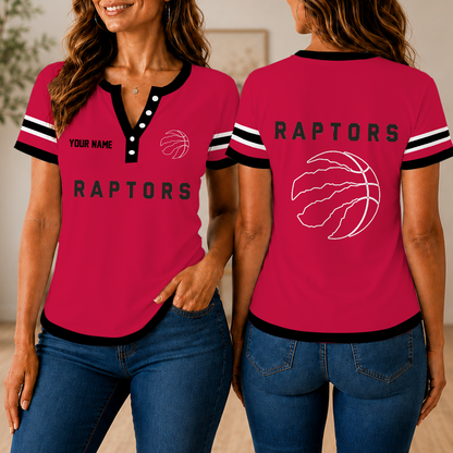 LIMITED EDITION - NEW CUSTOMIZED NBA24 TRA TORONTO RAPTORS  WOMEN'S SHORT SLEEVE HENLEY T-SHIRT