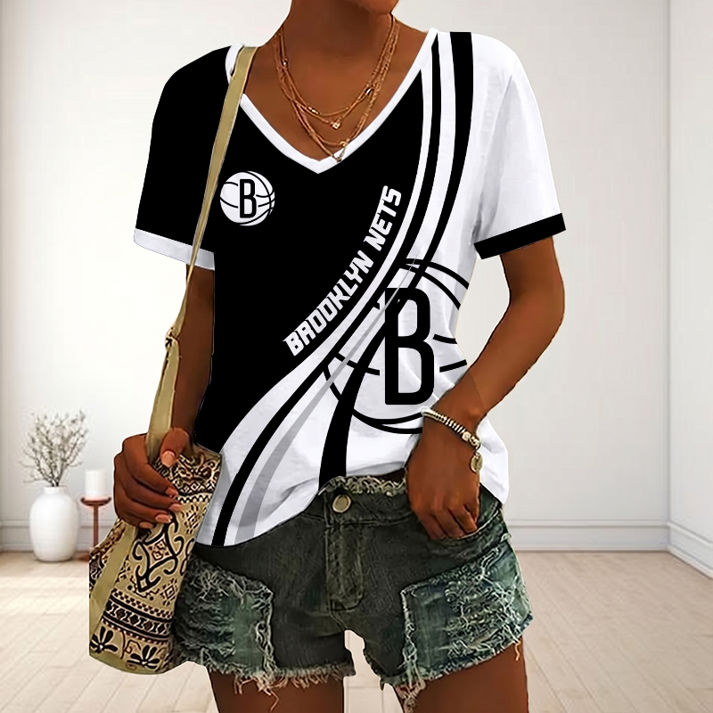FINAL SALE - NEW CUSTOMIZED NBA25 BNE BROOKLYN NETS V-NECK FEMALE SHIRT