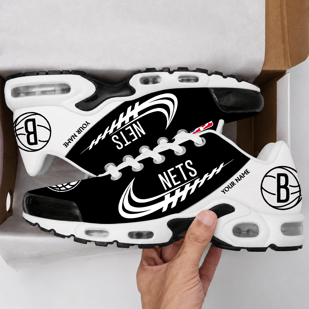 LIMITED EDITION - NEW CUSTOMIZED NBA25 BNE BROOKLYN NETS AIR MAX PLUS SNEAKERS