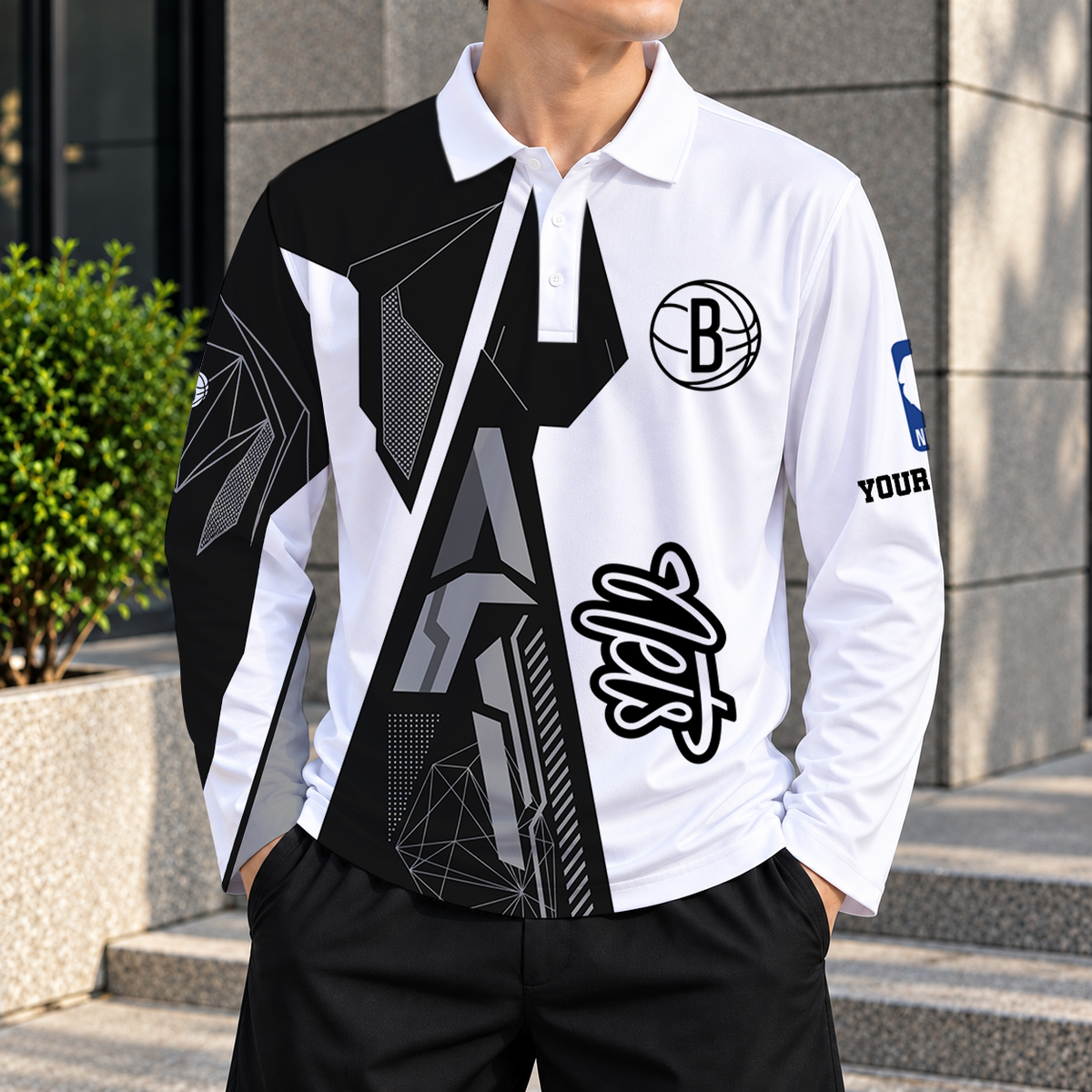 LIMITED EDITION - NEW CUSTOMIZED NBA25 BNE BROOKLYN NETS MEN'S LONG SLEEVE POLO