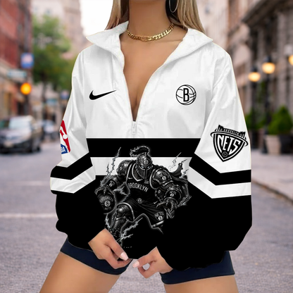 FINAL SALE - NEW CUSTOMIZED NBA25 BNE BROOKLYN NETS V-NECK ZIPPER SWEATSHIRT JACKET