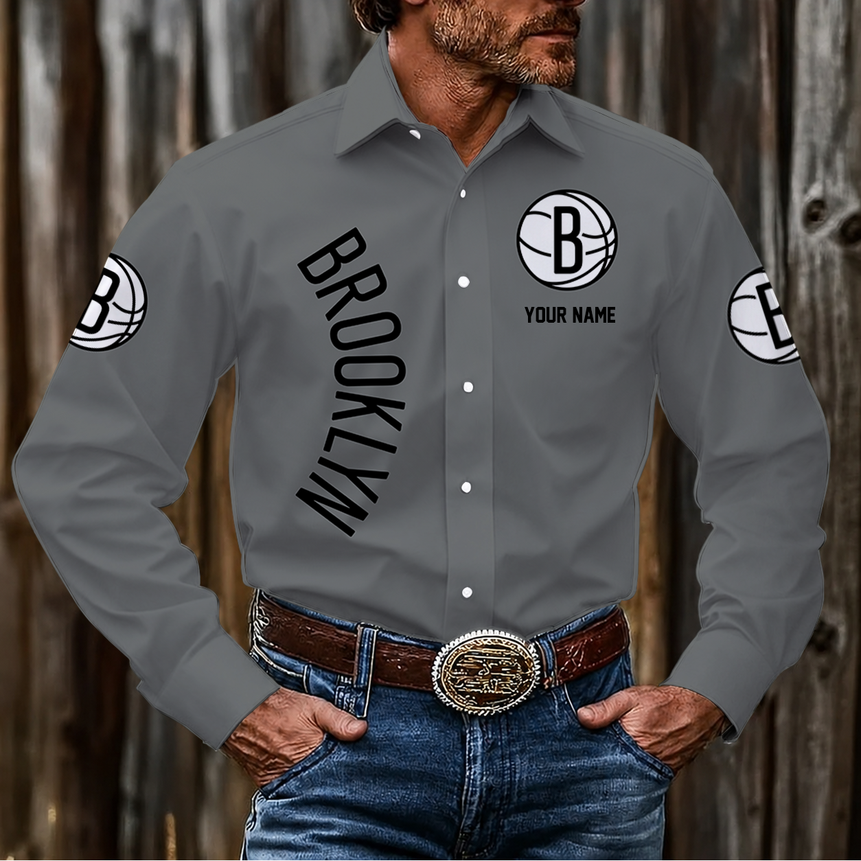 FINAL SALE - NEW CUSTOMIZED NBA25 BNE BROOKLYN NETS MEN'S LONG SLEEVE BUTTON-UP SHIRT