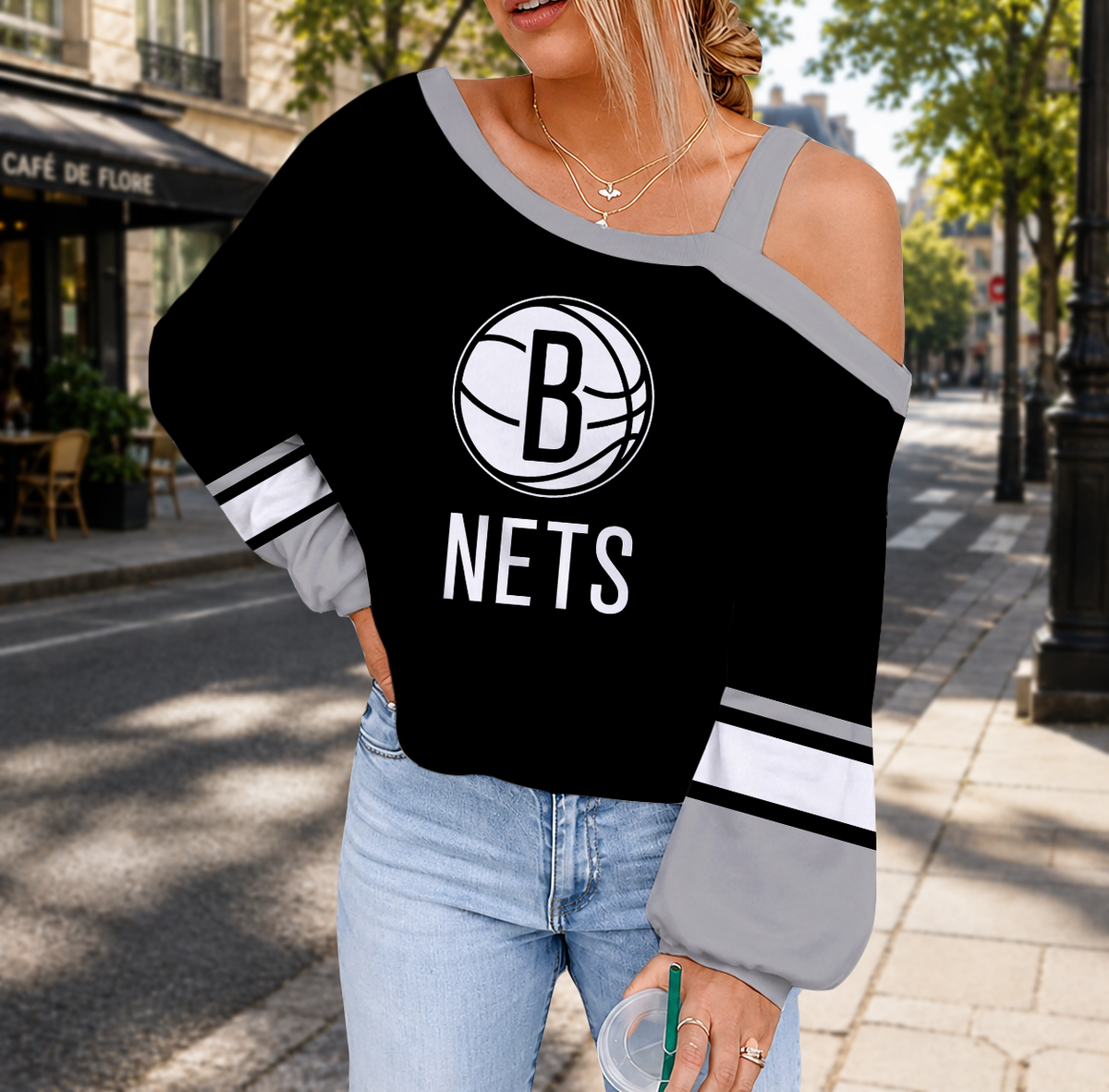 FINAL SALE - NEW CUSTOMIZED NBA25 BNE BROOKLYN NETS DROP SHOULDER SWEATSHIRT