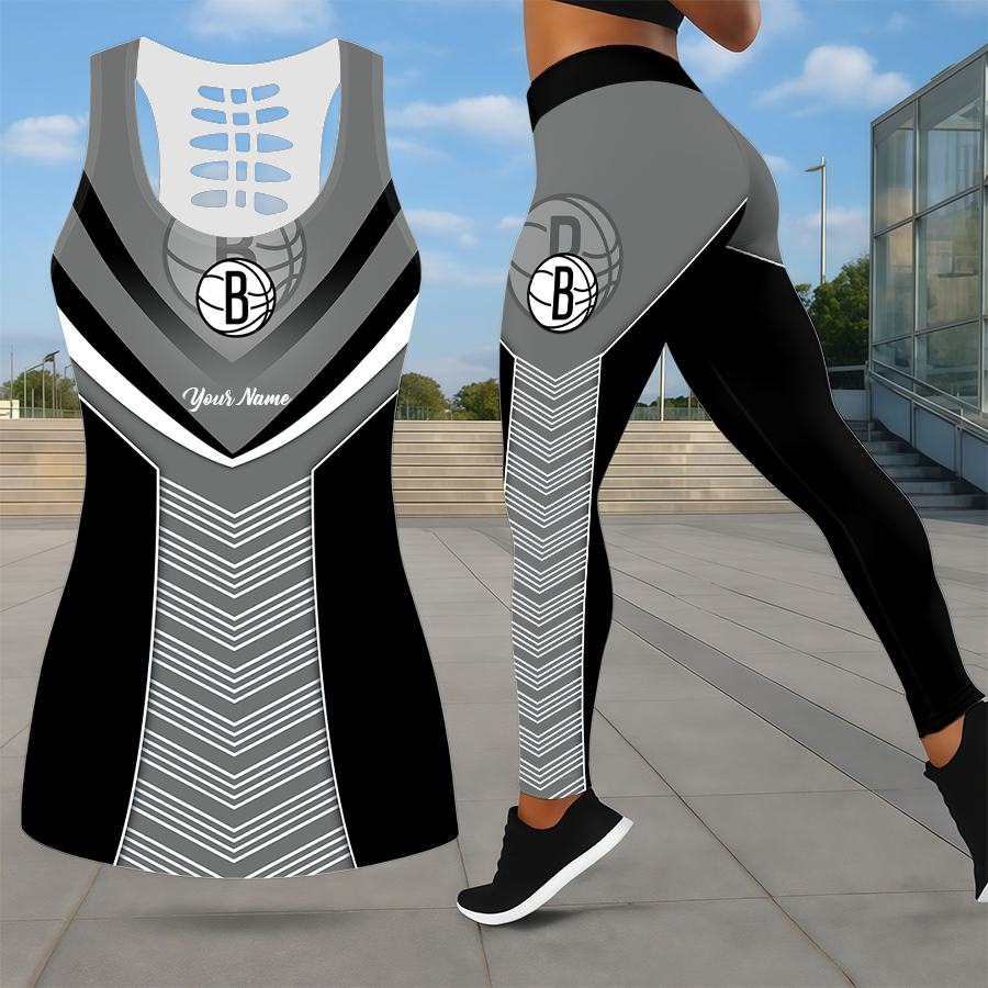 LIMITED EDITION - NEW CUSTOMIZED NBA25 BNE BROOKLYN NETS LEGGINGS & HOLLOW TANK TOP SET