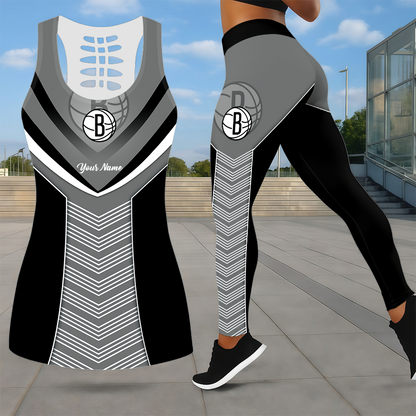 LIMITED EDITION - NEW CUSTOMIZED NBA25 BNE BROOKLYN NETS LEGGINGS & HOLLOW TANK TOP SET