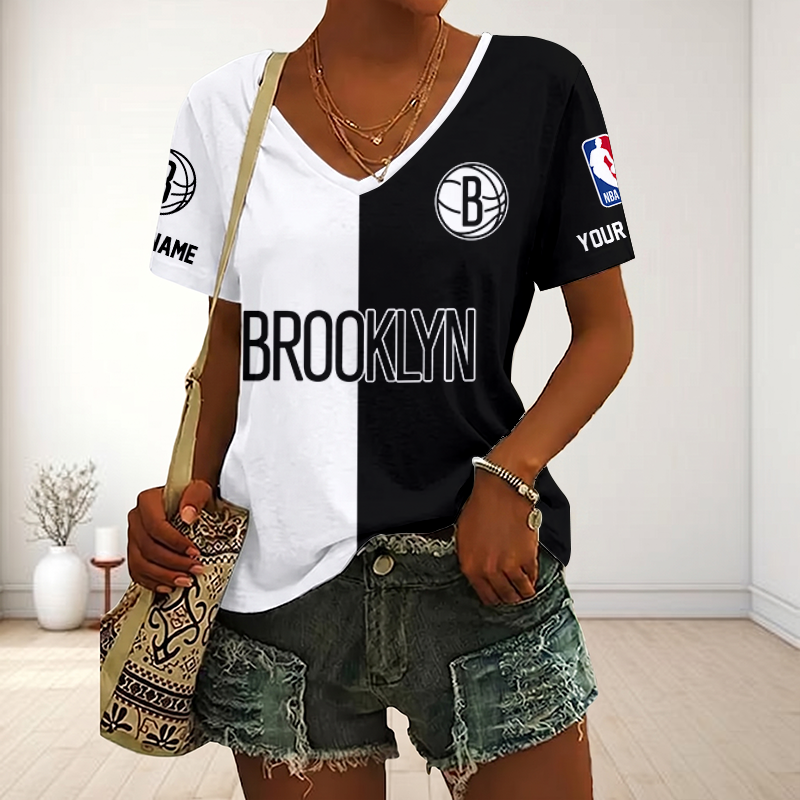 LIMITED EDITION - NEW CUSTOMIZED NBA25 BNE BROOKLYN NETS V-NECK FEMALE SHIRT