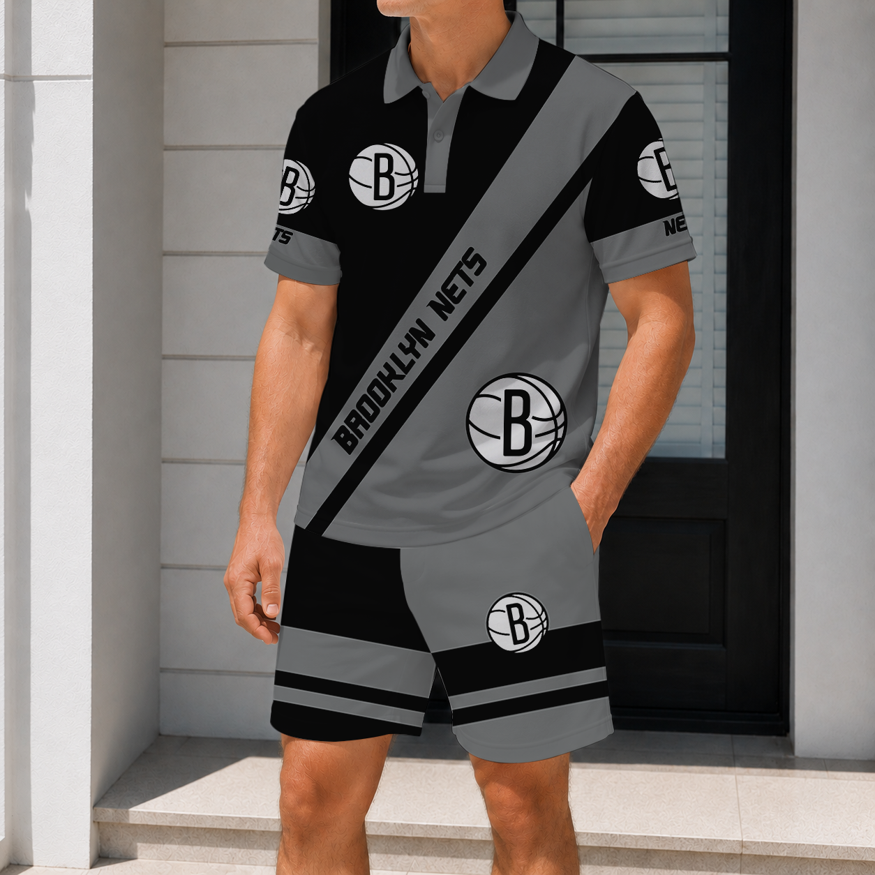 FINAL SALE - NEW CUSTOMIZED NBA25 BNE BROOKLYN NETS POLO SHIRT & SHORT PANTS SET