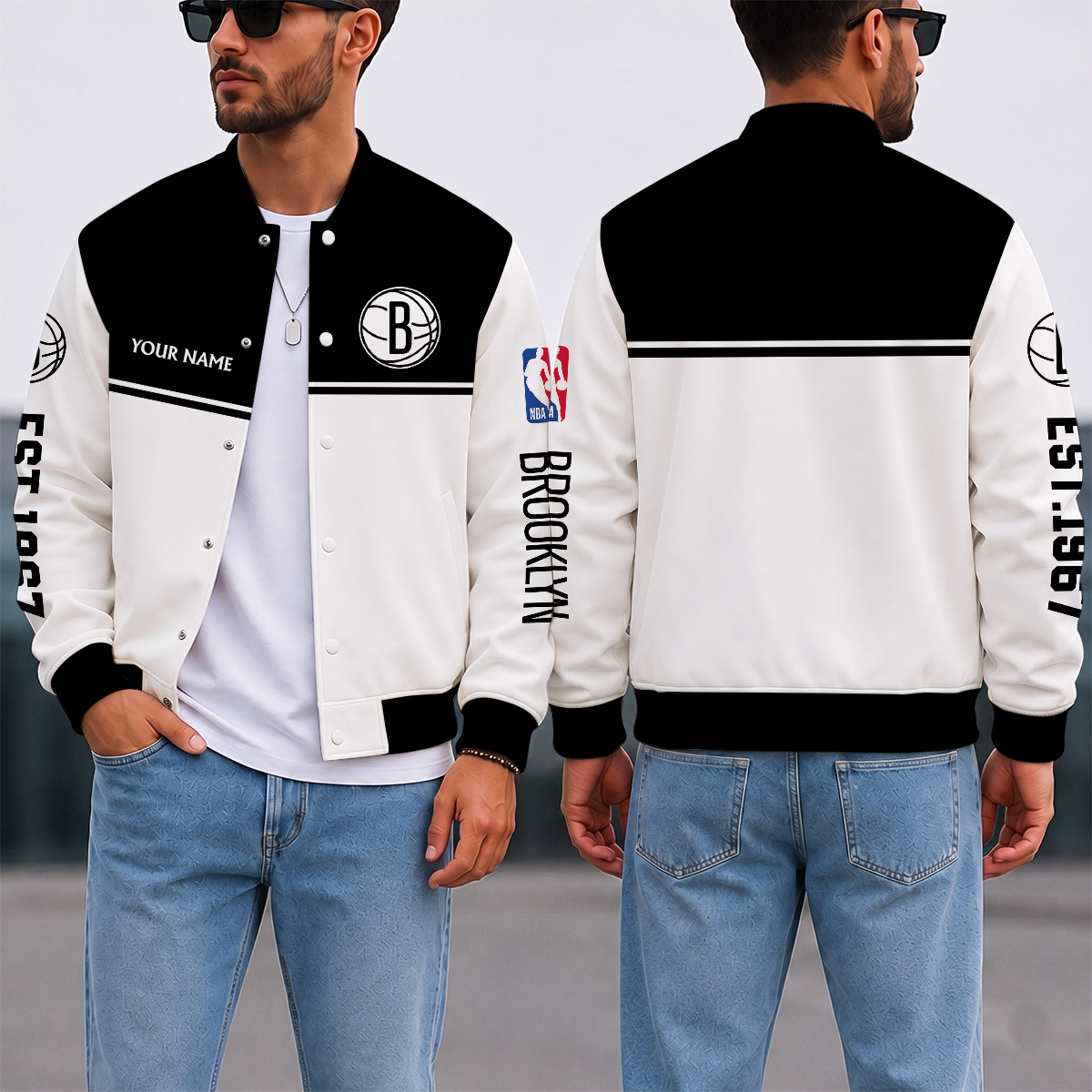 EXCLUSIVE EDITION - NEW CUSTOMIZED NBA25 BNE BROOKLYN NETS BASEBALL JACKET, SATIN VARSITY JACKET