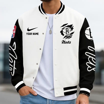 FINAL SALE - NEW CUSTOMIZED NBA25 BNE BR NETS BASEBALL JACKET, SATIN VARSITY JACKET