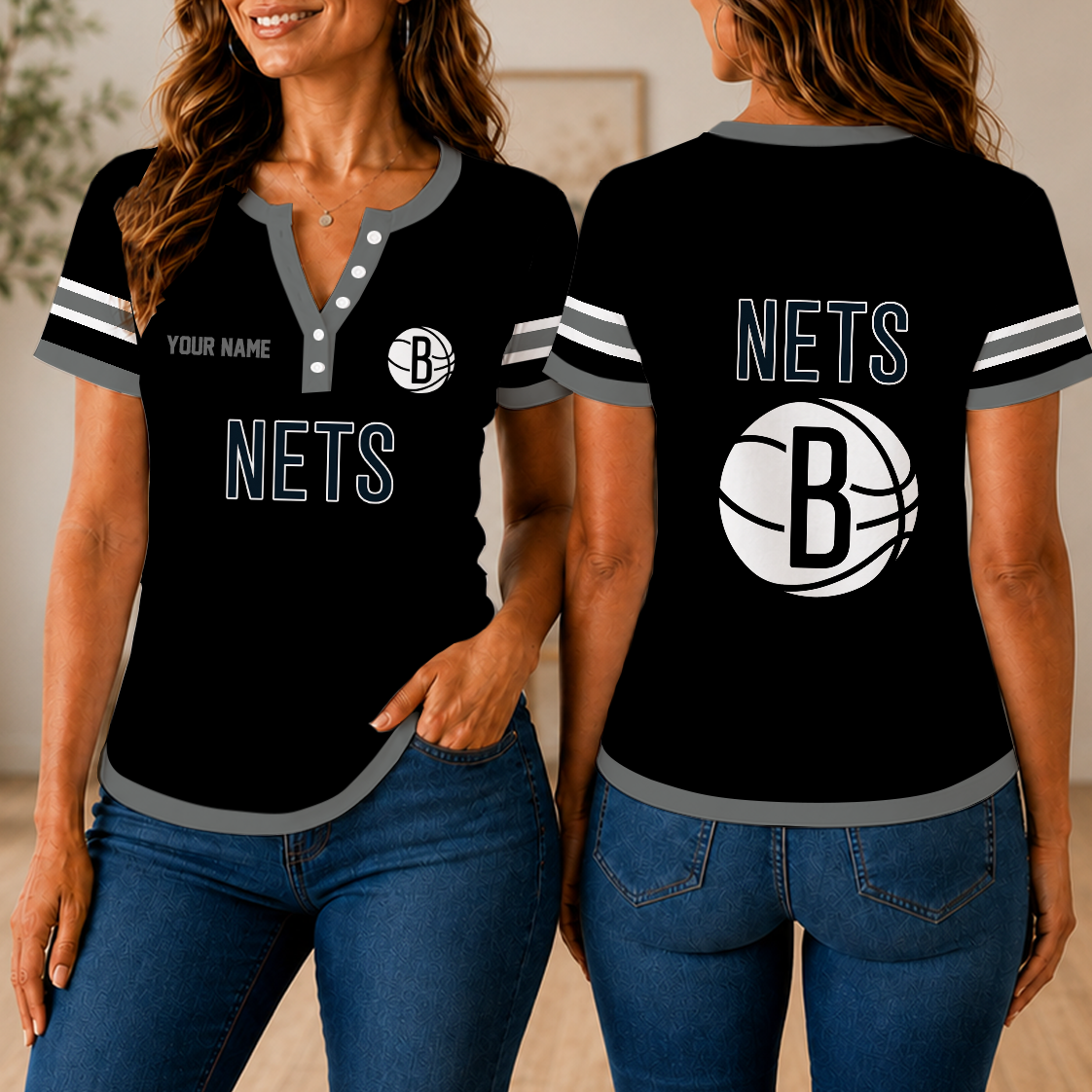 LIMITED EDITION - NEW CUSTOMIZED NBA25 BNE BROOKLYN NETS  WOMEN'S SHORT SLEEVE HENLEY T-SHIRT