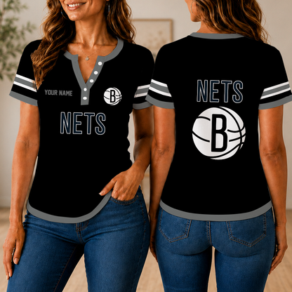 LIMITED EDITION - NEW CUSTOMIZED NBA25 BNE BROOKLYN NETS  WOMEN'S SHORT SLEEVE HENLEY T-SHIRT