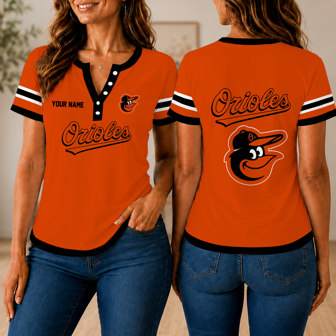 SPECIAL EDITION - NEW CUSTOMIZED MLB25 BOS BALTIMORE ORIOLES WOMEN'S SHORT SLEEVE HENLEY T-SHIRT