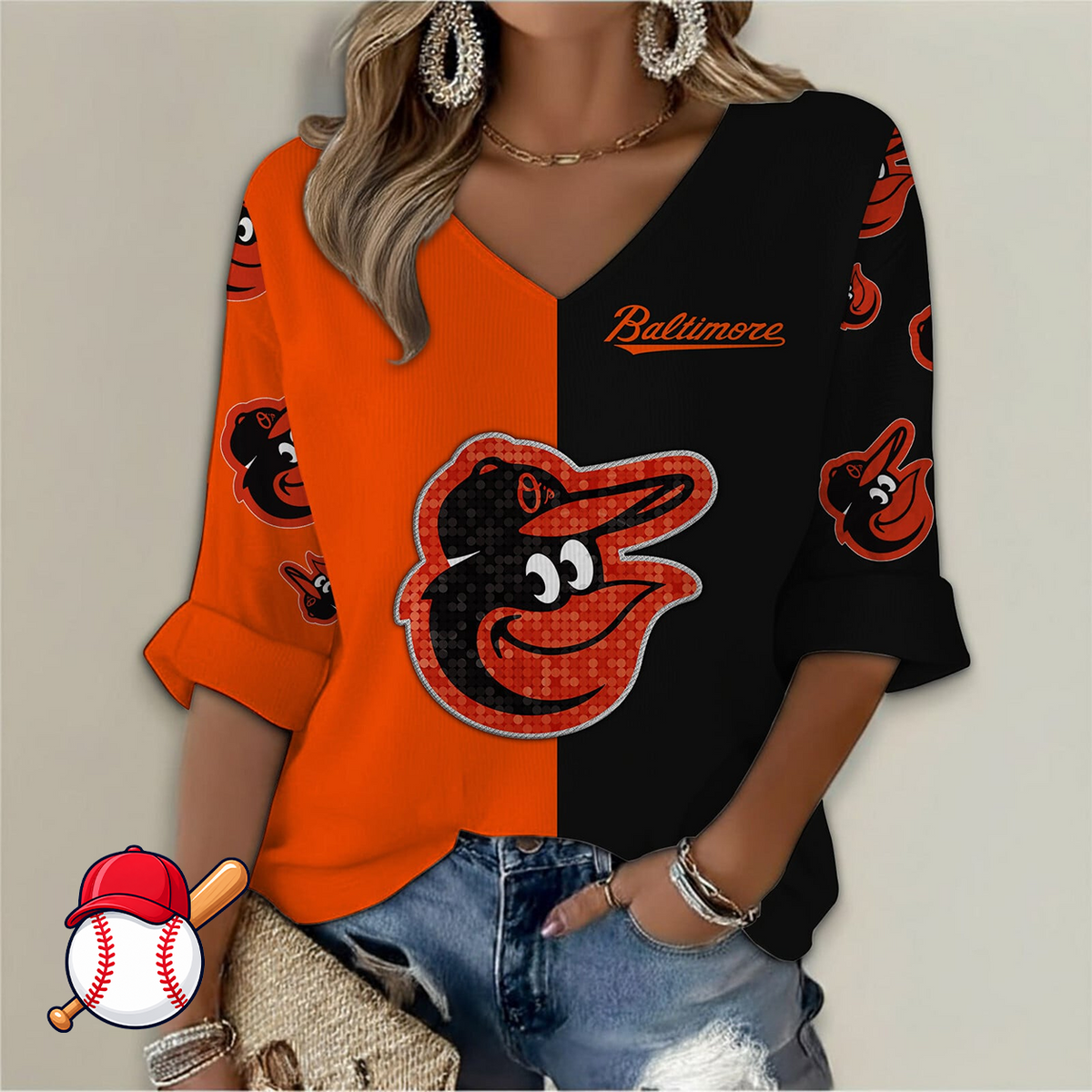 LIMITED EDITION - NEW CUSTOMIZED MLB25 BOS BALTIMORE ORIOLES WOMEN'S  V-NECK LONG SLEEVE SHIRT