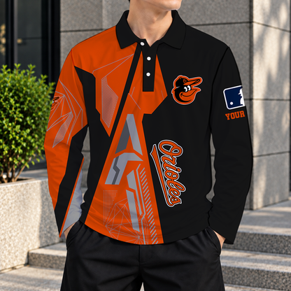SPECIAL EDITION - NEW CUSTOMIZED MLB25 BOS BALTIMORE ORIOLES MEN'S LONG SLEEVE POLO