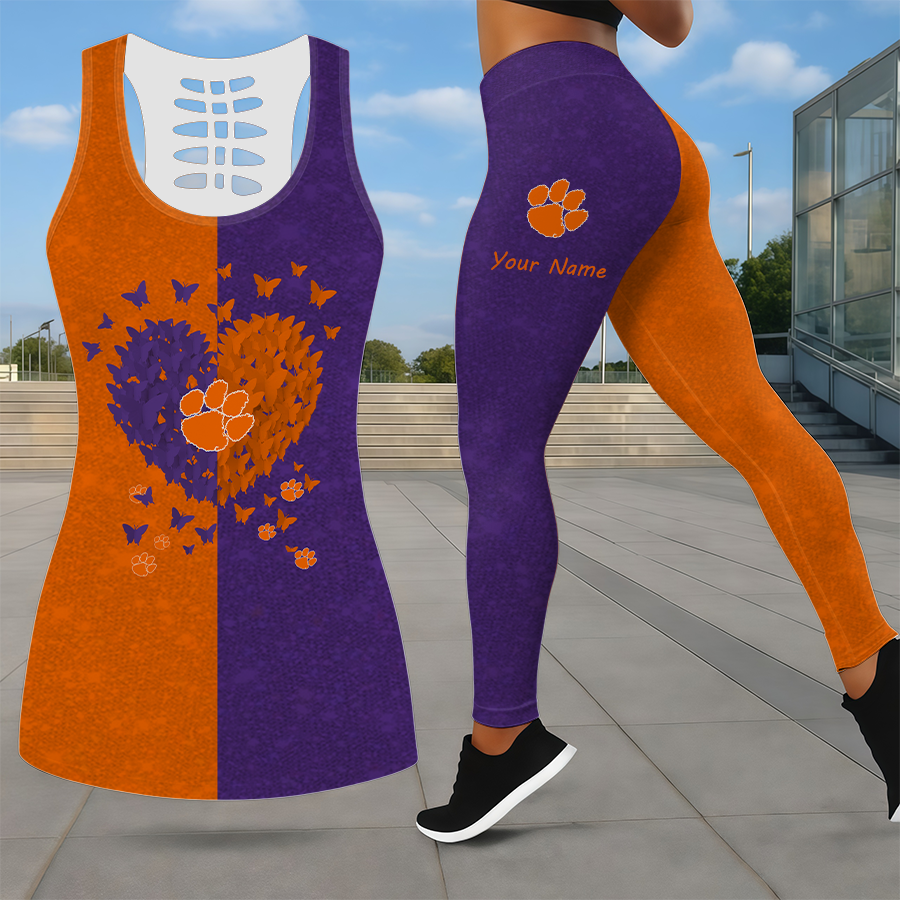 LIMITED EDITION - NEW CUSTOMIZED NCAA CWS25 CST CLEMSON TIGERS LEGGINGS & HOLLOW TANK TOP SET