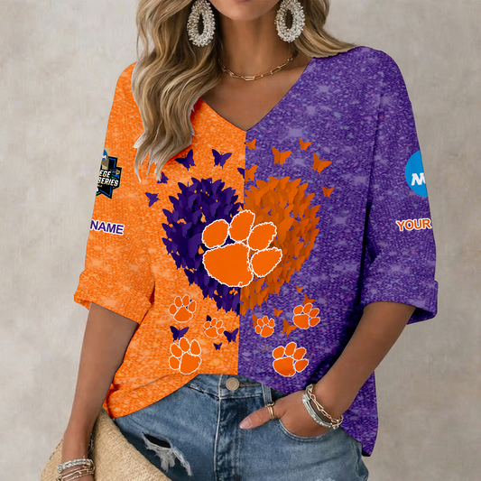 LIMITED DROP - NEW CUSTOMIZED | NCAA CWS25 CST CLEMSON TIGERS WOMEN'S HEART V-NECK LONG SLEEVE SHIRT