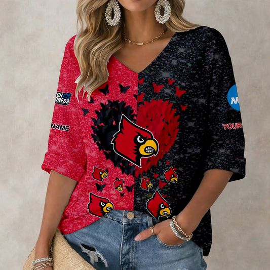 LIMITED EDITION - NEW CUSTOMIZED NCAA MAM25 ULC LOUISVILLE CARDINALS WOMEN'S HEART V-NECK LONG SLEEVE SHIRT