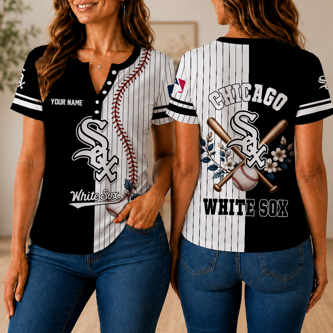 VIRAL EDITION - NEW CUSTOMIZED MLB26 CWS CHICAGO KHAKI SOX WOMEN'S SHORT SLEEVE HENLEY T-SHIRT
