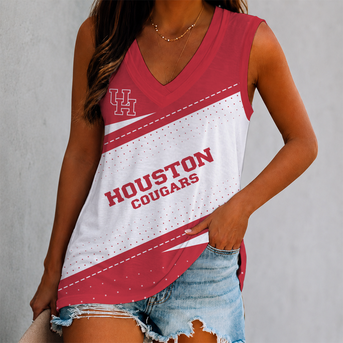 FINAL SALE - NEW CUSTOMIZED NCAA MAM26 HOC HOUSTON COUGARS WOMEN'S V-NECK TANK TOP