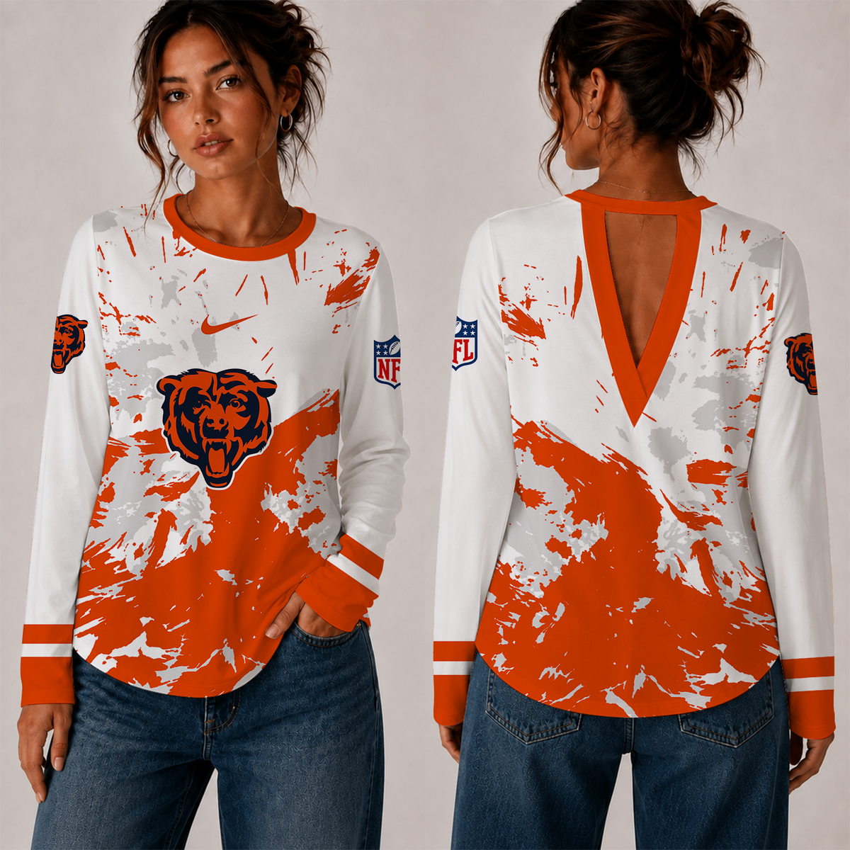 [SPECIAL OFFER] NEW CUSTOMIZED NFL26 CCB CHICAGO BEARS WOMEN'S BACK V-CUT LONG-SLEEVE SHIRT