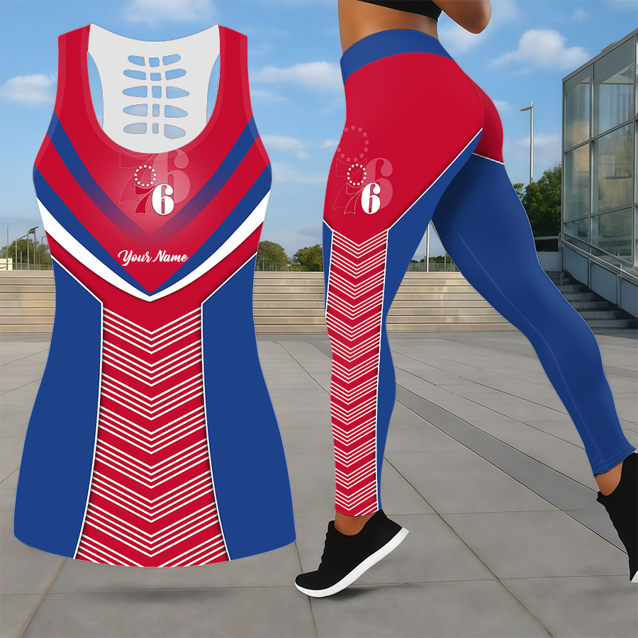 LIMITED EDITION - NEW CUSTOMIZED NBA26 P76 PHILADELPHIA 76ERS LEGGINGS & HOLLOW TANK TOP SET