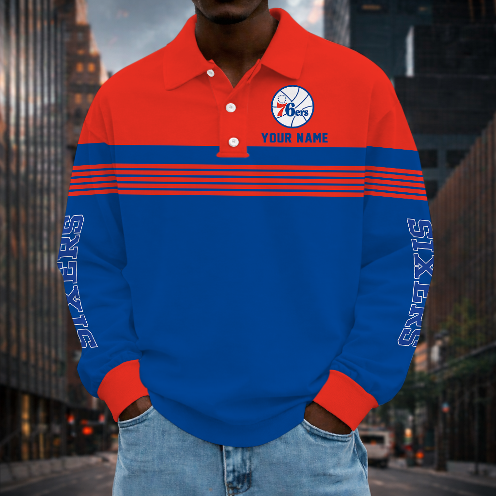 VIRAL EDITION - NEW CUSTOMIZED NBA26 P76 PHILADELPHIA 76ERS MEN LONG SLEEVE POLO