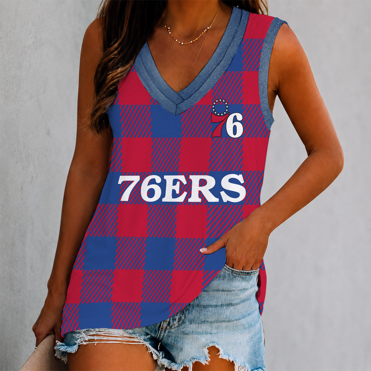 LIMITED EDITION - NEW CUSTOMIZED NBA26 P76 PHILADELPHIA 76ERS WOMEN'S V-NECK TANK TOP