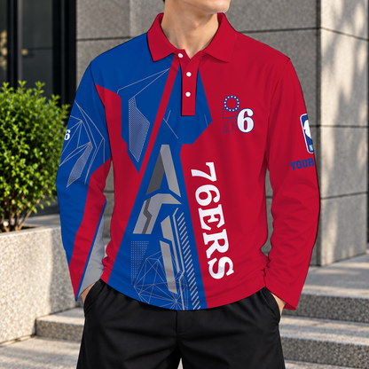 LIMITED EDITION - NEW CUSTOMIZED NBA26 P76 PHILADELPHIA 76ERS MEN'S LONG SLEEVE POLO