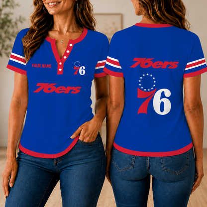 LIMITED EDITION - NEW CUSTOMIZED NBA26 P76 PHILADELPHIA 76ERS  WOMEN'S SHORT SLEEVE HENLEY T-SHIRT