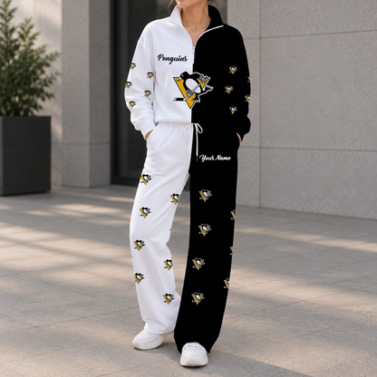 LIMITED EDITION - NEW CUSTOMIZED NHL26 PBP PITTSBURGH PENGUINS ZIPPER SWEATSHIRT & WIDE LEG PANTS SET