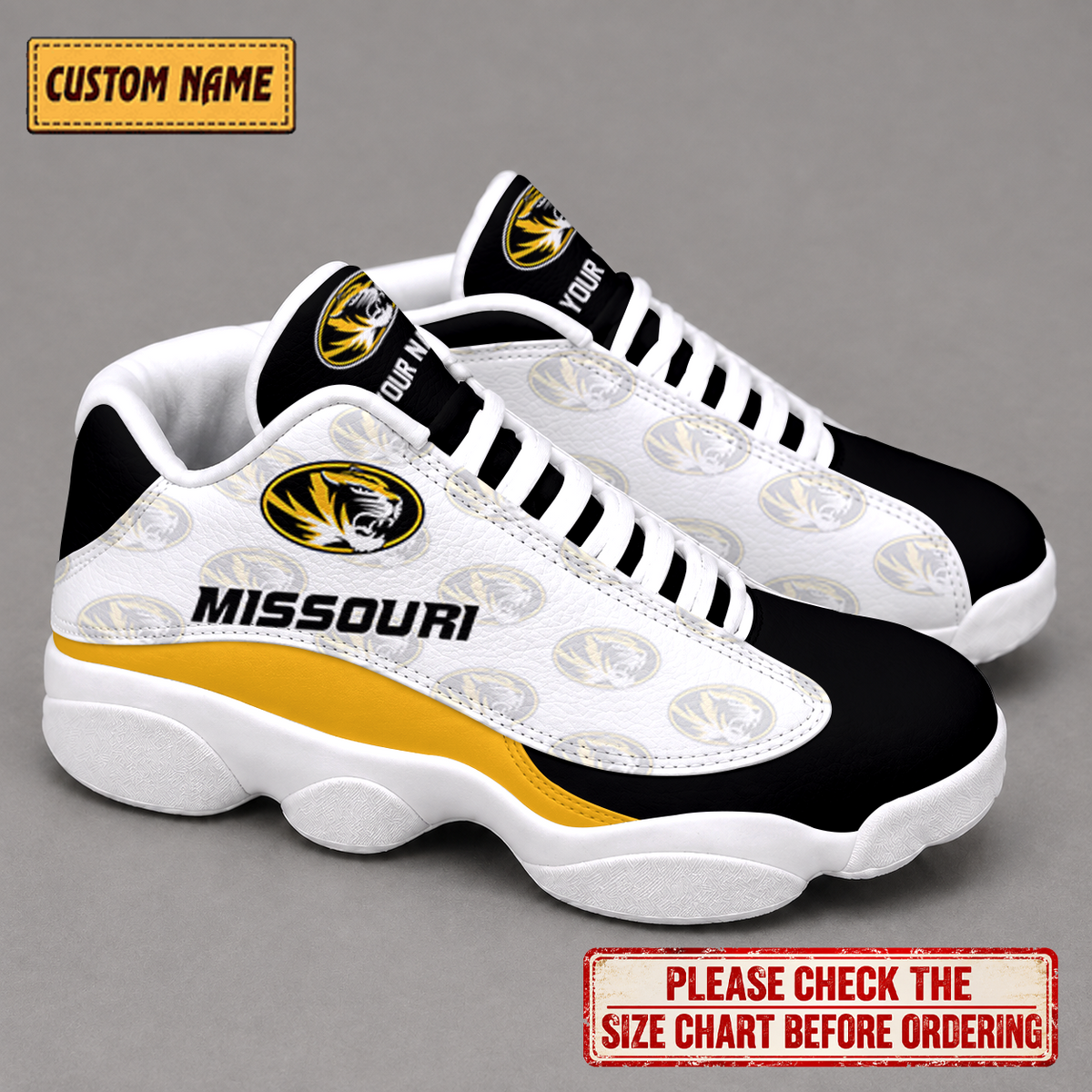 LIMITED EDITION - NEW CUSTOMIZED NCAA FBS26 MST MISSOURI TIGERS AIR JORDAN 13 LOW TOP SNEAKER
