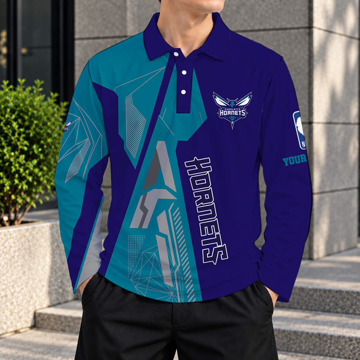LIMITED EDITION - NEW CUSTOMIZED NBA27 CHO CHARLOTTE HORNETS MEN'S LONG SLEEVE POLO