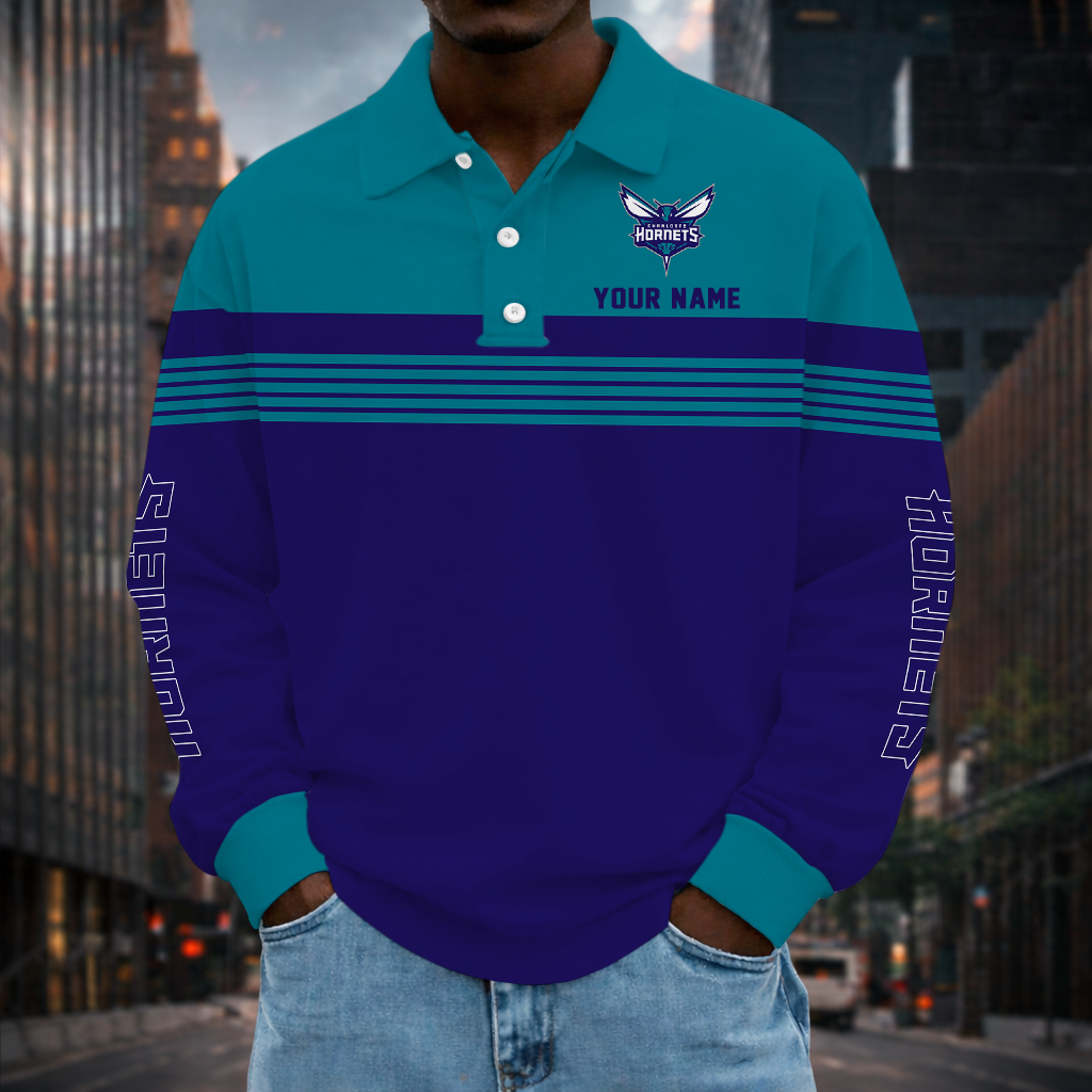 VIRAL EDITION - NEW CUSTOMIZED NBA27 CHO CHARLOTTE HORNETS MEN LONG SLEEVE POLO