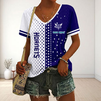 FINAL SALE - NEW CUSTOMIZED NBA27 CHO CHARLOTTE HORNETS V-NECK FEMALE SHIRT