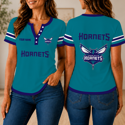LIMITED EDITION - NEW CUSTOMIZED NBA27 CHO CHARLOTTE HORNETS  WOMEN'S SHORT SLEEVE HENLEY T-SHIRT