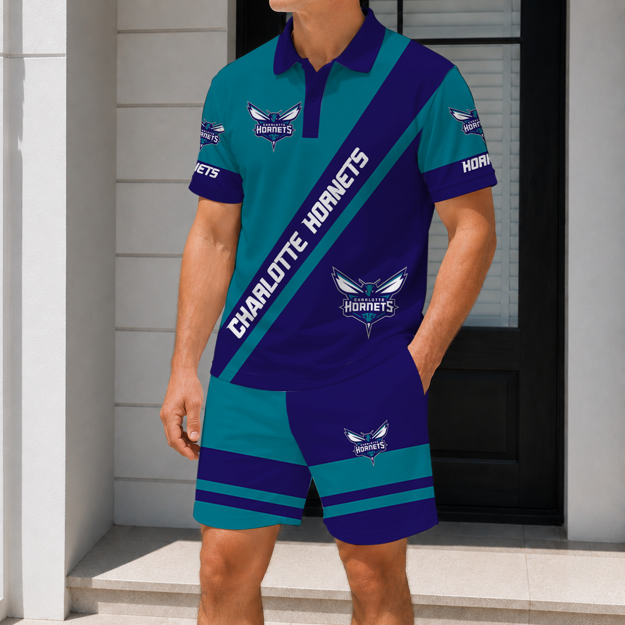 FINAL SALE - NEW CUSTOMIZED NBA27 CHO CHARLOTTE HORNETS POLO SHIRT & SHORT PANTS SET