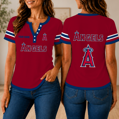 SPECIAL EDITION - NEW CUSTOMIZED MLB27 LAA LOS ANGELES ANGELS WOMEN'S SHORT SLEEVE HENLEY T-SHIRT