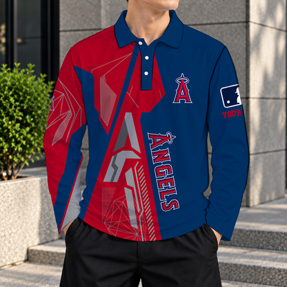 SPECIAL EDITION - NEW CUSTOMIZED MLB27 LAA LOS ANGELES ANGELS MEN'S LONG SLEEVE POLO