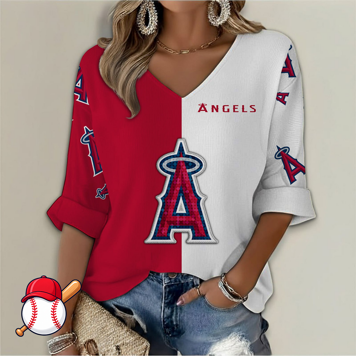 LIMITED EDITION - NEW CUSTOMIZED MLB27 LAA LOS ANGELES ANGELS WOMEN'S  V-NECK LONG SLEEVE SHIRT
