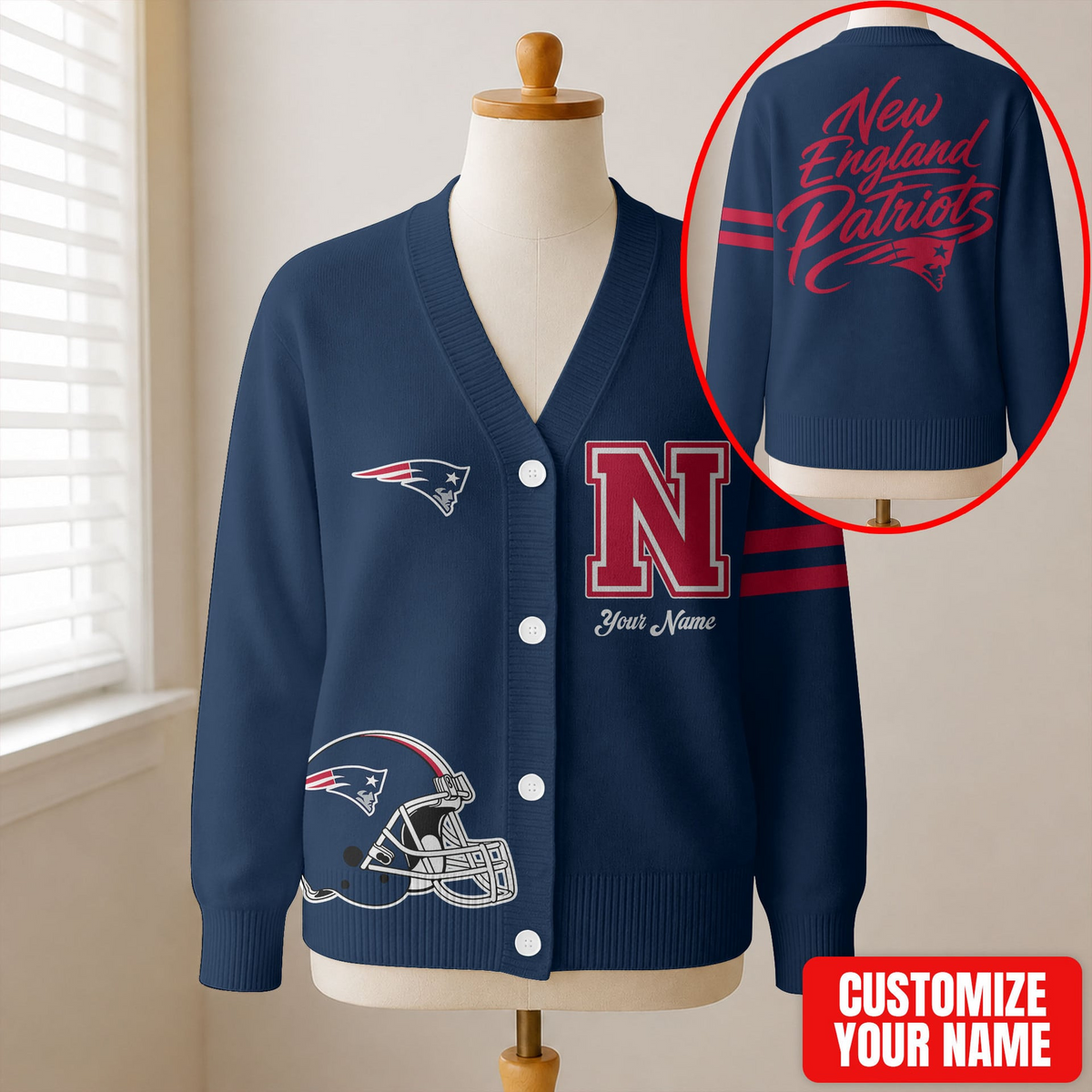 EXCLUSIVE EDITION - NEW CUSTOMIZED NFL27 NEP NEW ENGLAND PATRIOTS CARDIGAN