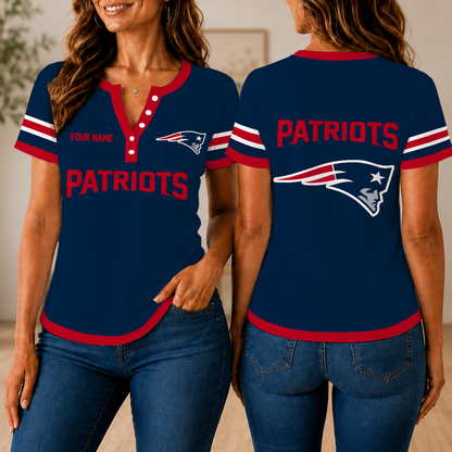 LIMITED EDITION - NEW CUSTOMIZED NFL27 NEP NEW ENGLAND PATRIOTS WOMEN'S SHORT SLEEVE HENLEY T-SHIRT