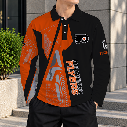 LIMITED DROP - NEW CUSTOMIZED NHL27 PPF PHILADELPHIA FLYERS MEN LONG SLEEVE POLO